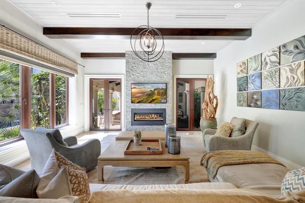 Fireplace, Interior, Living room, Pendant Lights, Recessed Lighting, Stone Walls, Wooden Beams