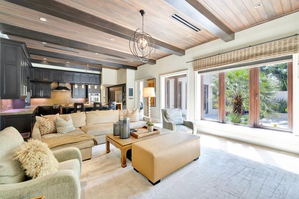 Interior, Kitchen, Living room, Pendant Lights, Recessed Lighting, Stainless Steel Appliances, Wooden Beams, Wooden Ceilings