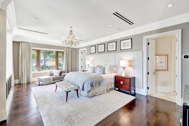 Bedroom, Chandelier, Interior, Recessed Lighting, Wood Texture Flooring