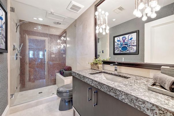 Bathroom, Glass Shower, Interior, Pendant Lights, Recessed Lighting