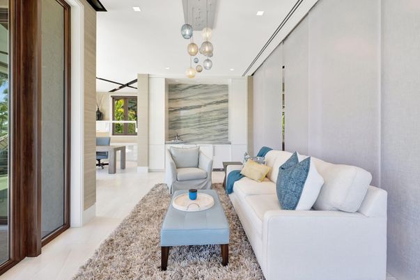 Interior, Living room, Marble Walls, Pendant Lights, Recessed Lighting