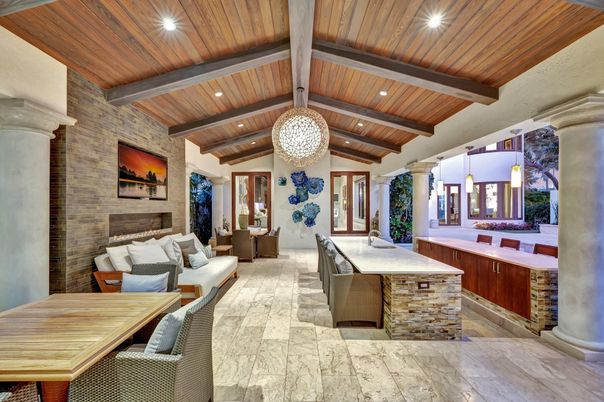 Fireplace, Interior, Living room, Pendant Lights, Recessed Lighting, Stone Walls, Wooden Beams, Wooden Ceilings