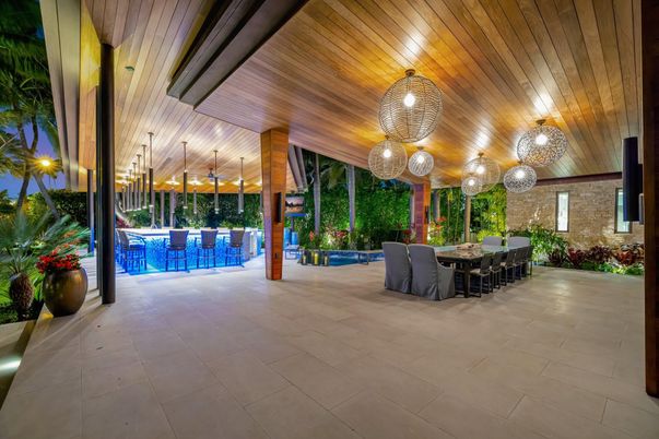Exterior, Pendant Lights, Pool, Wooden Ceilings