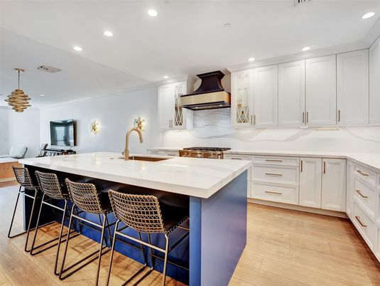 Interior, Kitchen, Marble Walls, Pendant Lights, Recessed Lighting, Wood Texture Flooring