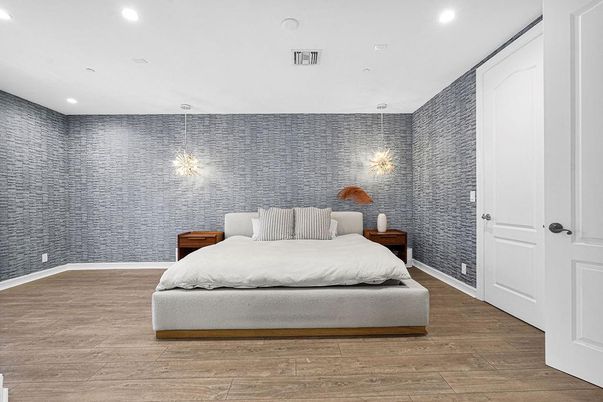 Bedroom, Interior, Pendant Lights, Recessed Lighting, Wood Texture Flooring