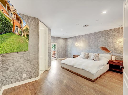 Bedroom, Interior, Pendant Lights, Recessed Lighting, Wood Texture Flooring
