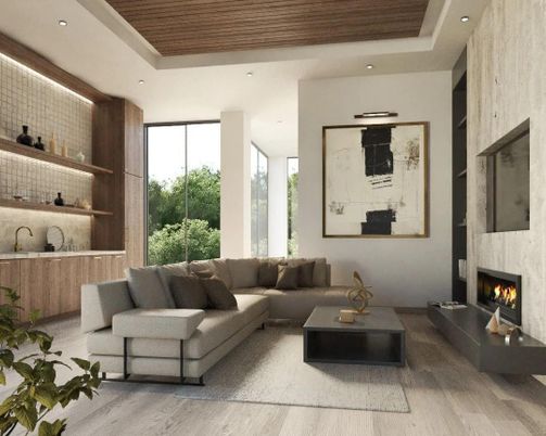 Fireplace, Interior, Living room, Recessed Lighting, Wooden Ceilings, Wood Texture Flooring