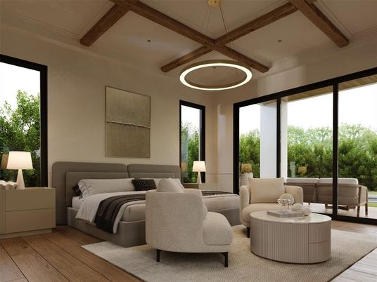 Bedroom, Interior, Living room, Pendant Lights, Recessed Lighting, Wooden Beams, Wood Texture Flooring