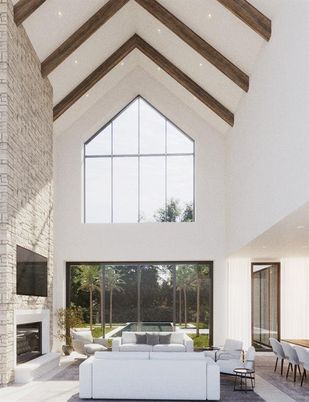 Fireplace, Interior, Living room, Recessed Lighting, Stone Walls, Wooden Beams