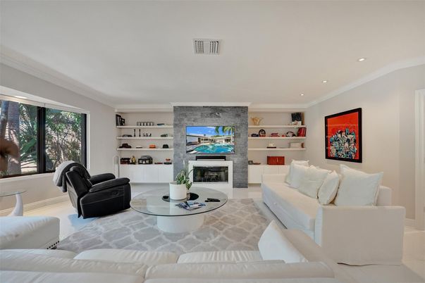 Fireplace, Interior, Living room, Recessed Lighting, Stone Walls
