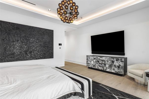Bedroom, Interior, Pendant Lights, Recessed Lighting, Wood Texture Flooring