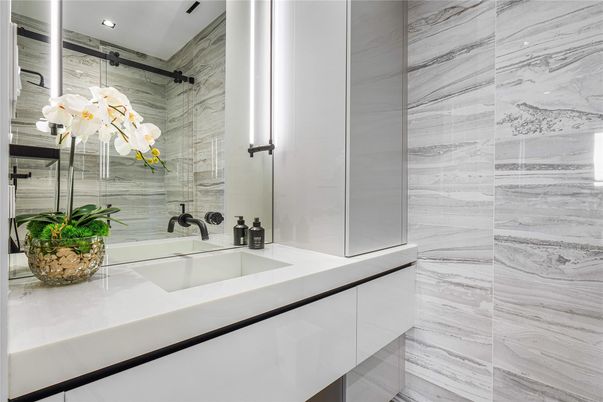 Bathroom, Interior, Marble Walls, Recessed Lighting