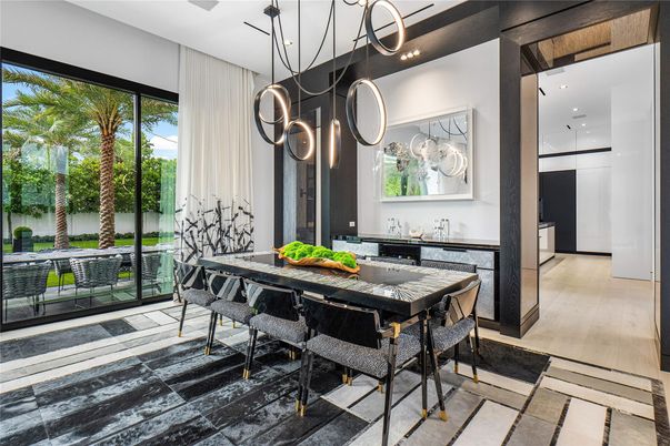 Dining room, Interior, Pendant Lights, Recessed Lighting, Wood Texture Flooring