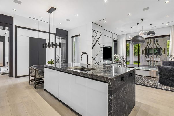Dining room, Interior, Kitchen, Pendant Lights, Recessed Lighting, Wood Texture Flooring