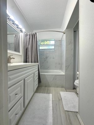 Bathroom, Interior, Marble Walls, Wood Texture Flooring