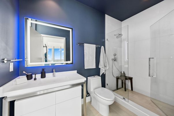 Bathroom, Glass Shower, Interior, Wood Texture Flooring