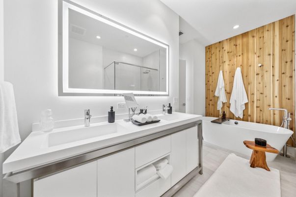 Bathroom, Dual Sink Vanities, Free Standing Baths, Interior, Recessed Lighting, Wooden Walls