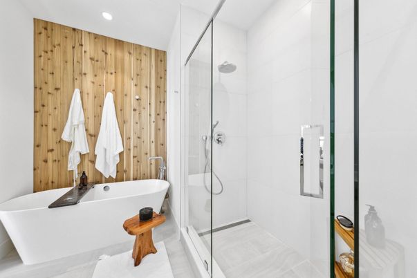 Bathroom, Free Standing Baths, Glass Shower, Interior, Recessed Lighting