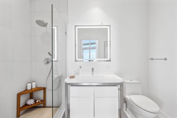 Bathroom, Glass Shower, Interior, Wood Texture Flooring