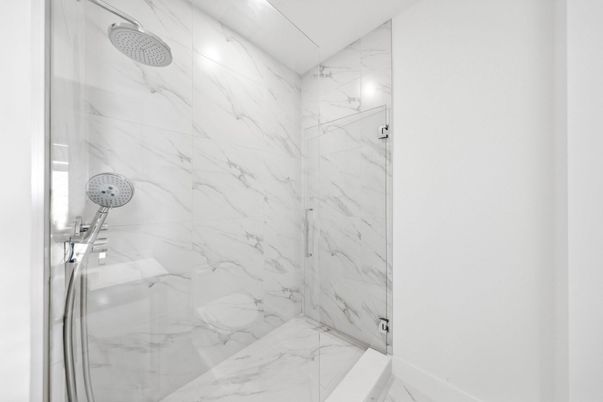 Bathroom, Glass Shower, Interior, Marble, Marble Walls, Recessed Lighting