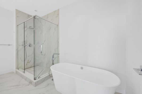 Bathroom, Free Standing Baths, Glass Shower, Interior, Marble, Marble Walls