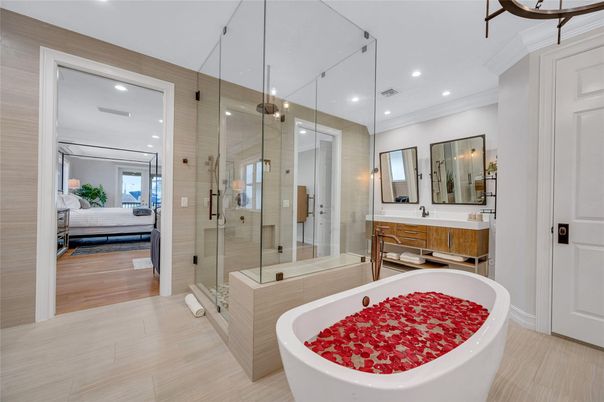 Bathroom, Bedroom, Free Standing Baths, Glass Shower, Interior, Recessed Lighting, Wood Texture Flooring