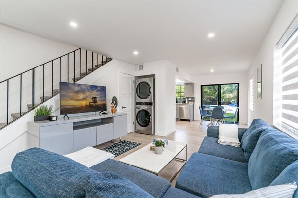 Interior, Living room, Recessed Lighting, Washer, Wood Texture Flooring