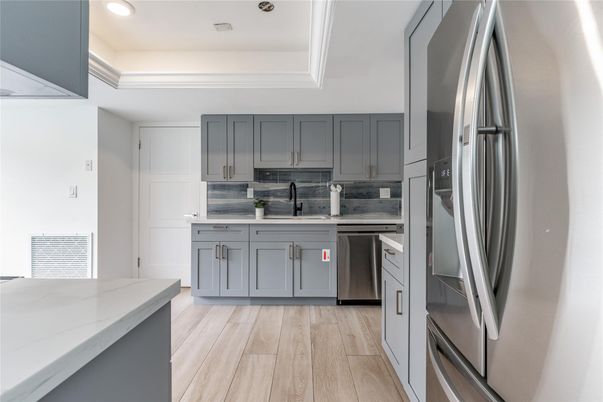 Interior, Kitchen, Recessed Lighting, Stainless Steel Appliances, Wood Texture Flooring