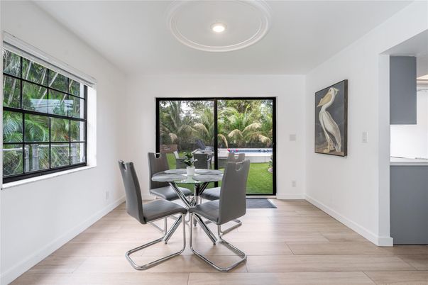 Dining room, Interior, Recessed Lighting, Wood Texture Flooring