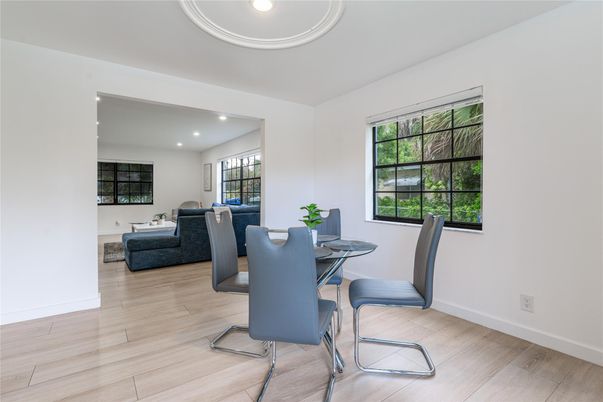 Dining room, Interior, Living room, Recessed Lighting, Wood Texture Flooring