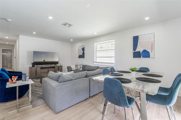 Dining room, Interior, Living room, Recessed Lighting, Wood Texture Flooring