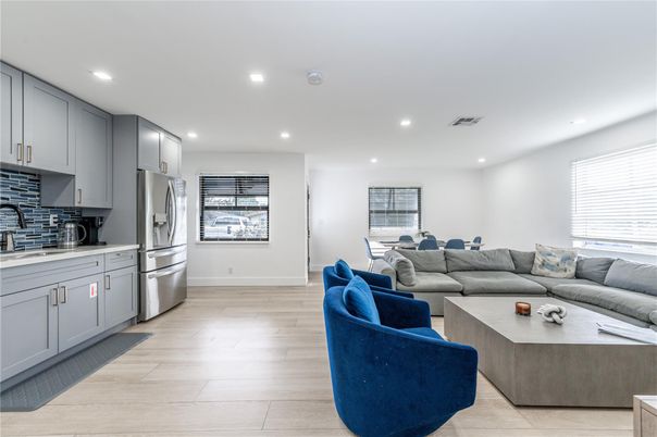 Interior, Kitchen, Living room, Recessed Lighting, Stainless Steel Appliances, Wood Texture Flooring