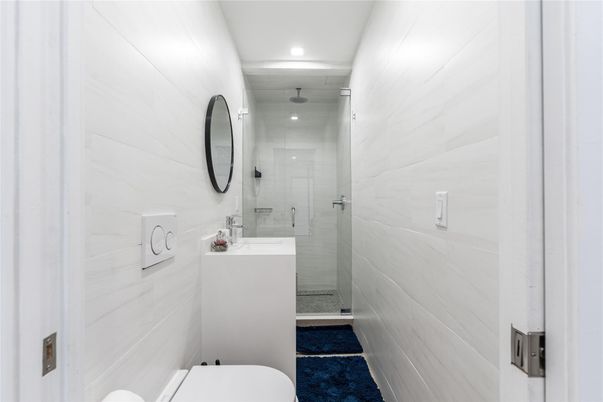 Bathroom, Glass Shower, Interior, Marble Walls, Recessed Lighting