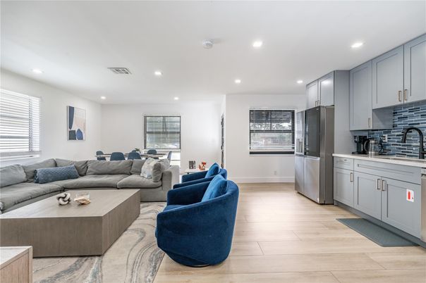 Interior, Kitchen, Living room, Recessed Lighting, Stainless Steel Appliances, Wood Texture Flooring