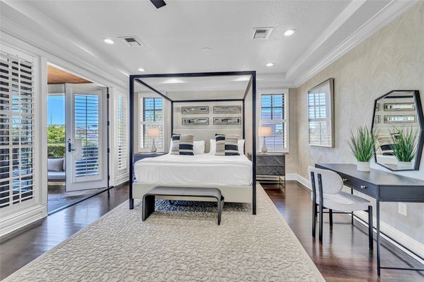 Bedroom, Interior, Recessed Lighting, Wood Texture Flooring