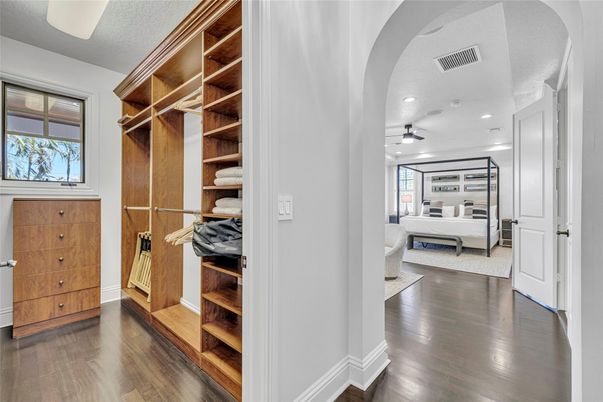 Bedroom, Interior, Recessed Lighting, Wood Texture Flooring