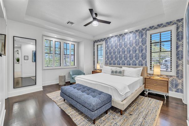 Bedroom, Interior, Recessed Lighting, Wood Texture Flooring