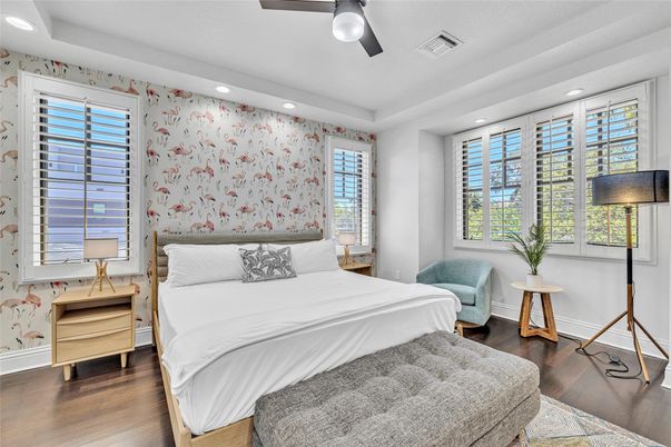 Bedroom, Interior, Recessed Lighting, Wood Texture Flooring