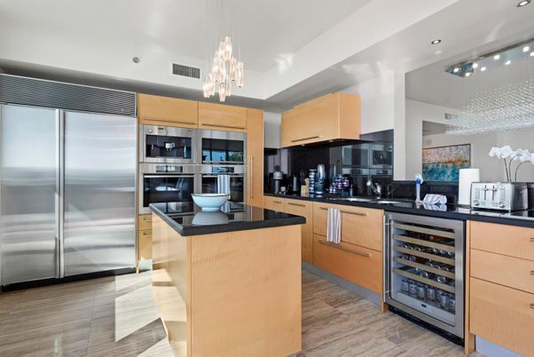 Chandelier, Interior, Kitchen, Pendant Lights, Recessed Lighting, Stainless Steel Appliances, Wood Texture Flooring
