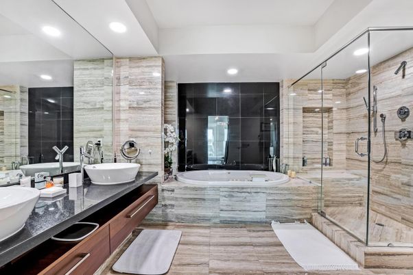 Bathroom, Dual Sink Vanities, Glass Shower, Interior, Recessed Lighting
