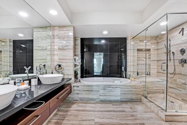 Bathroom, Dual Sink Vanities, Glass Shower, Interior, Recessed Lighting, Wood Texture Flooring