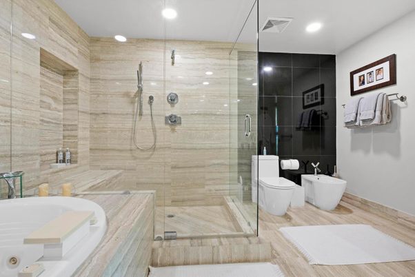 Bathroom, Glass Shower, Interior, Recessed Lighting, Wood Texture Flooring