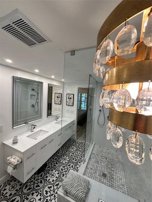 Bathroom, Dual Sink Vanities, Glass Shower, Interior, Recessed Lighting