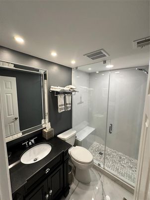 Bathroom, Glass Shower, Interior, Marble, Recessed Lighting