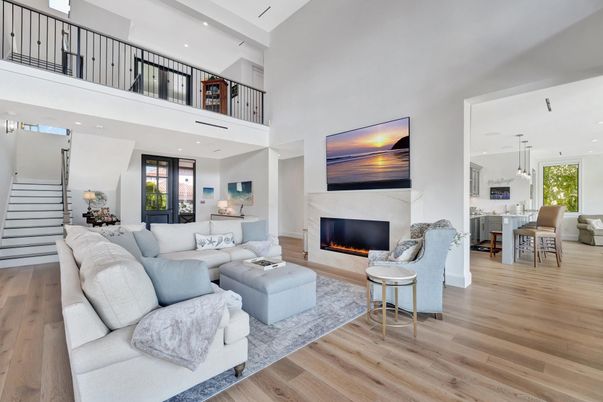 Dining room, Fireplace, Interior, Living room, Pendant Lights, Recessed Lighting, Wood Texture Flooring