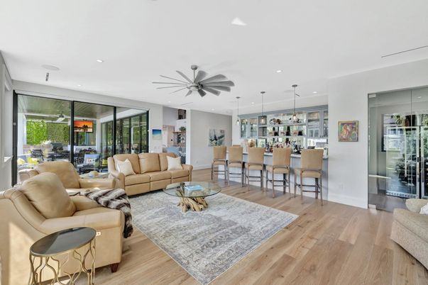 Interior, Living room, Pendant Lights, Recessed Lighting, Wood Texture Flooring