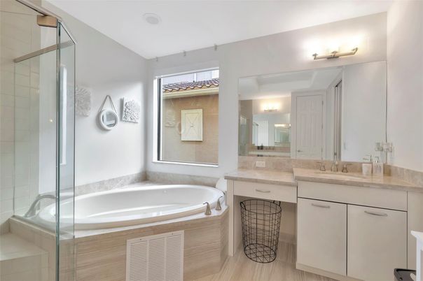 Bathroom, Dual Sink Vanities, Glass Shower, Interior, Wood Texture Flooring