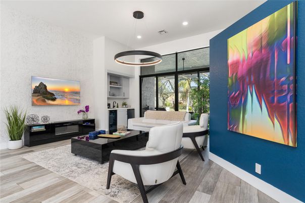 Fireplace, Interior, Living room, Pendant Lights, Recessed Lighting, Wood Texture Flooring
