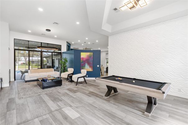 Billiard Table, Game Room, Interior, Living room, Pendant Lights, Recessed Lighting, Wood Texture Flooring