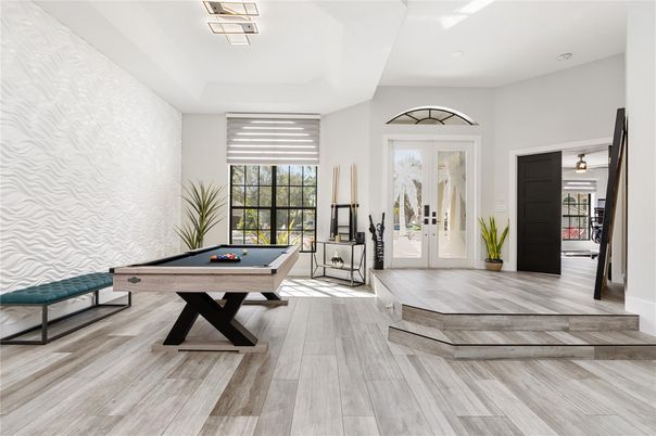 Billiard Table, Game Room, Interior, Recessed Lighting, Wood Texture Flooring